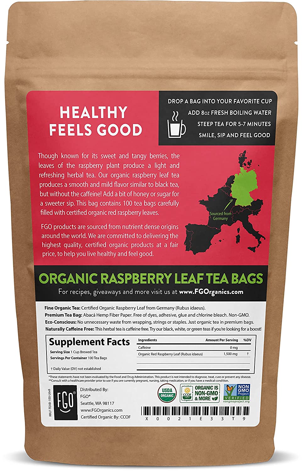 FGO Organic Red Raspberry Leaf Tea Bags 100 Tea Bags Eco-Conscious Tea Bags in Kraft Bag Raw from Germany