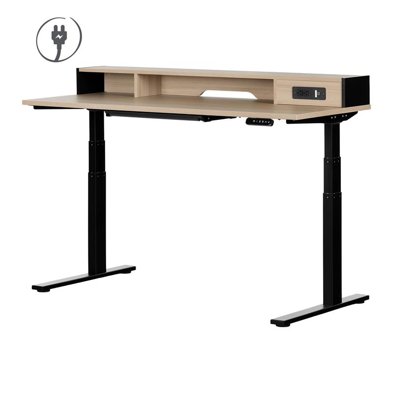 Adjustable Height Standing Desk with Built In Power Bar-Soft Elm and Black