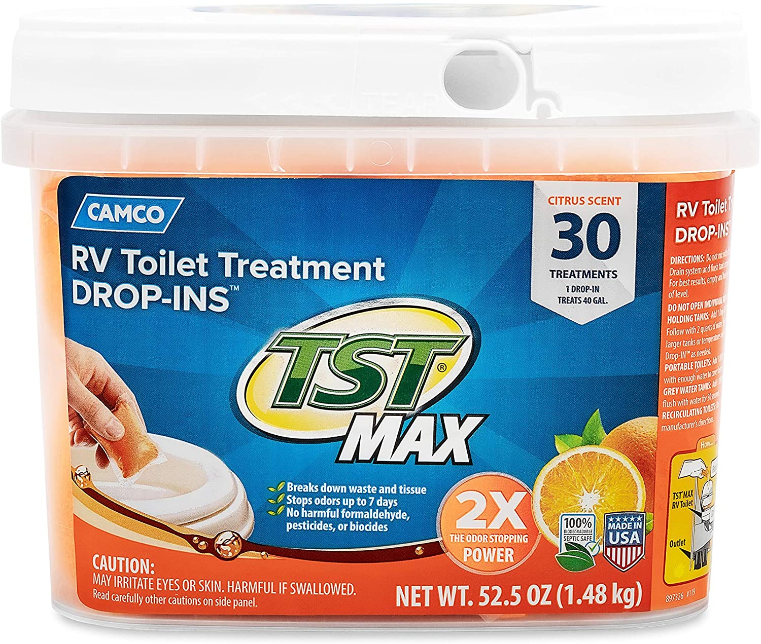 Camco TST Ultra-Concentrated Orange Citrus Scent RV Toilet Treatment Drop-Ins. 30-Pack (41183)