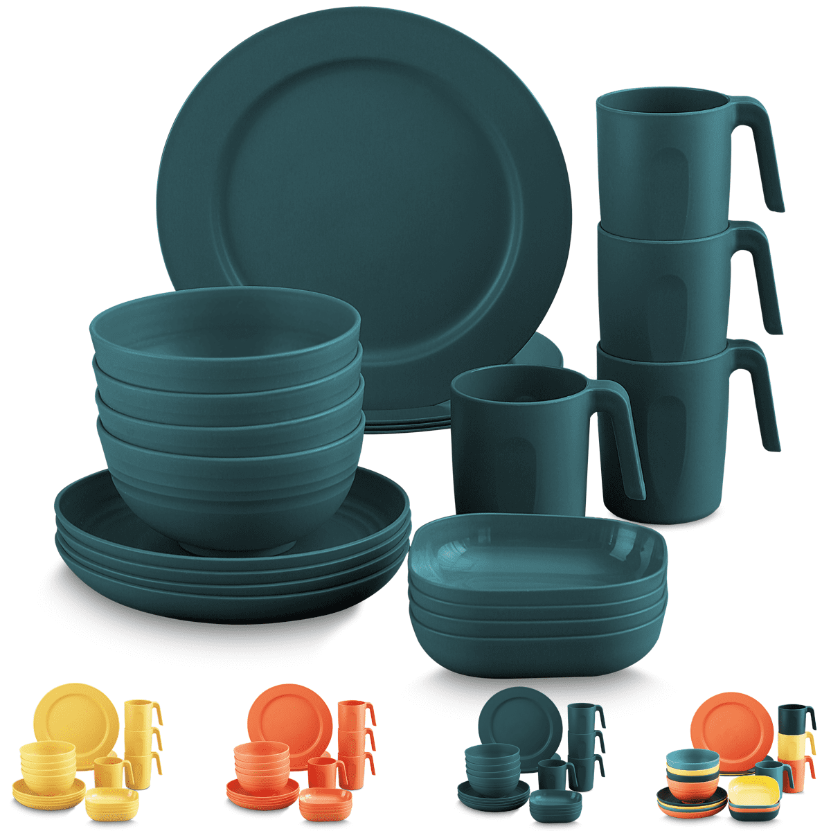 ReaNea Plastic Dinnerware Set of 20 Pieces. Unbreakable And Reusable Light Weight Plates Mugs Bowls Dishes Easy to Carry And Clean BPA Free Service For 4. Deep Green