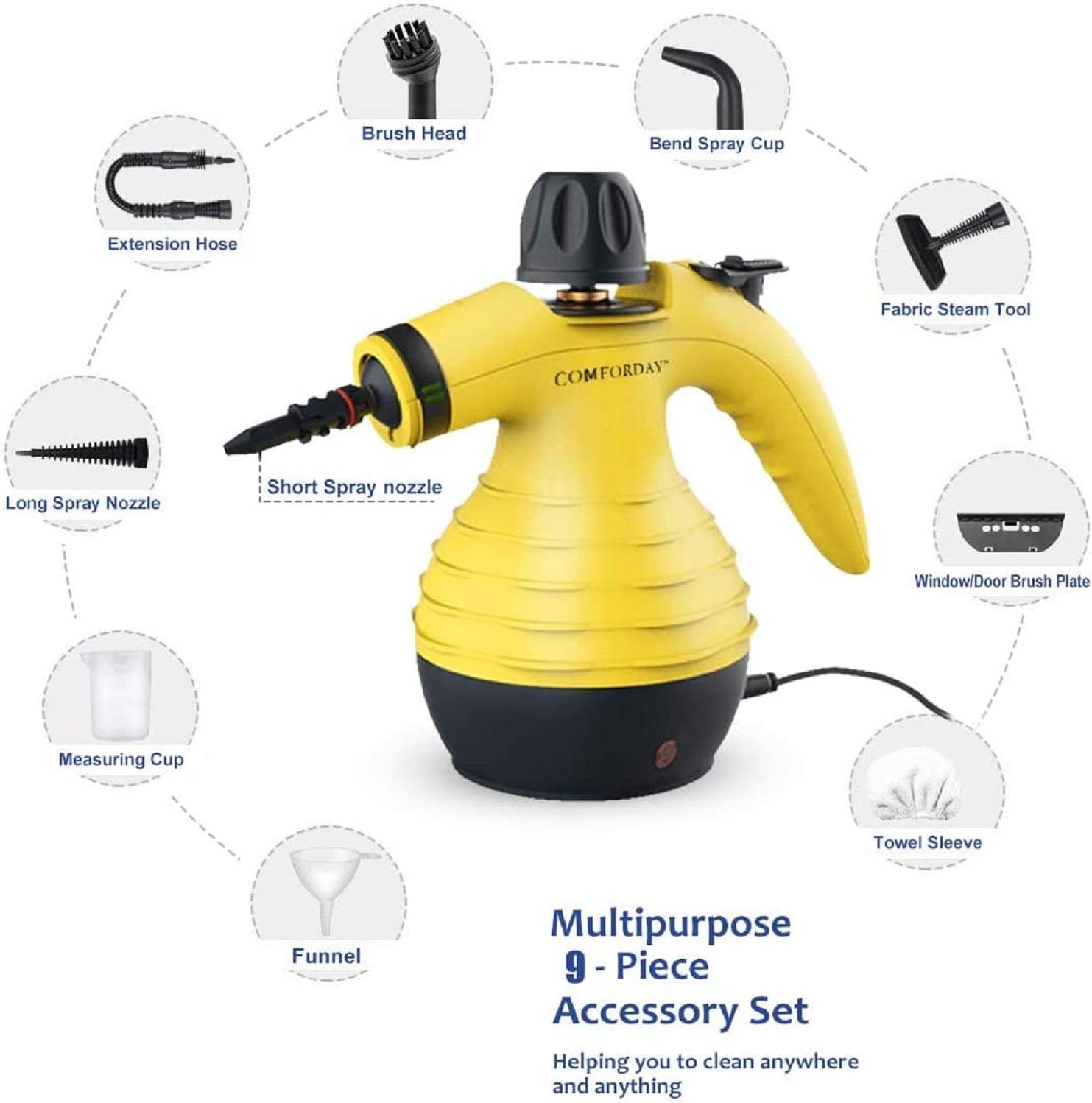 Comforday Multi-Purpose Handheld Pressurized Steam Cleaner with 9-Piece Accessories. Perfect for Stain Removal. Curtains. Car Seats. Floor. Window Cleaning (Yellow)