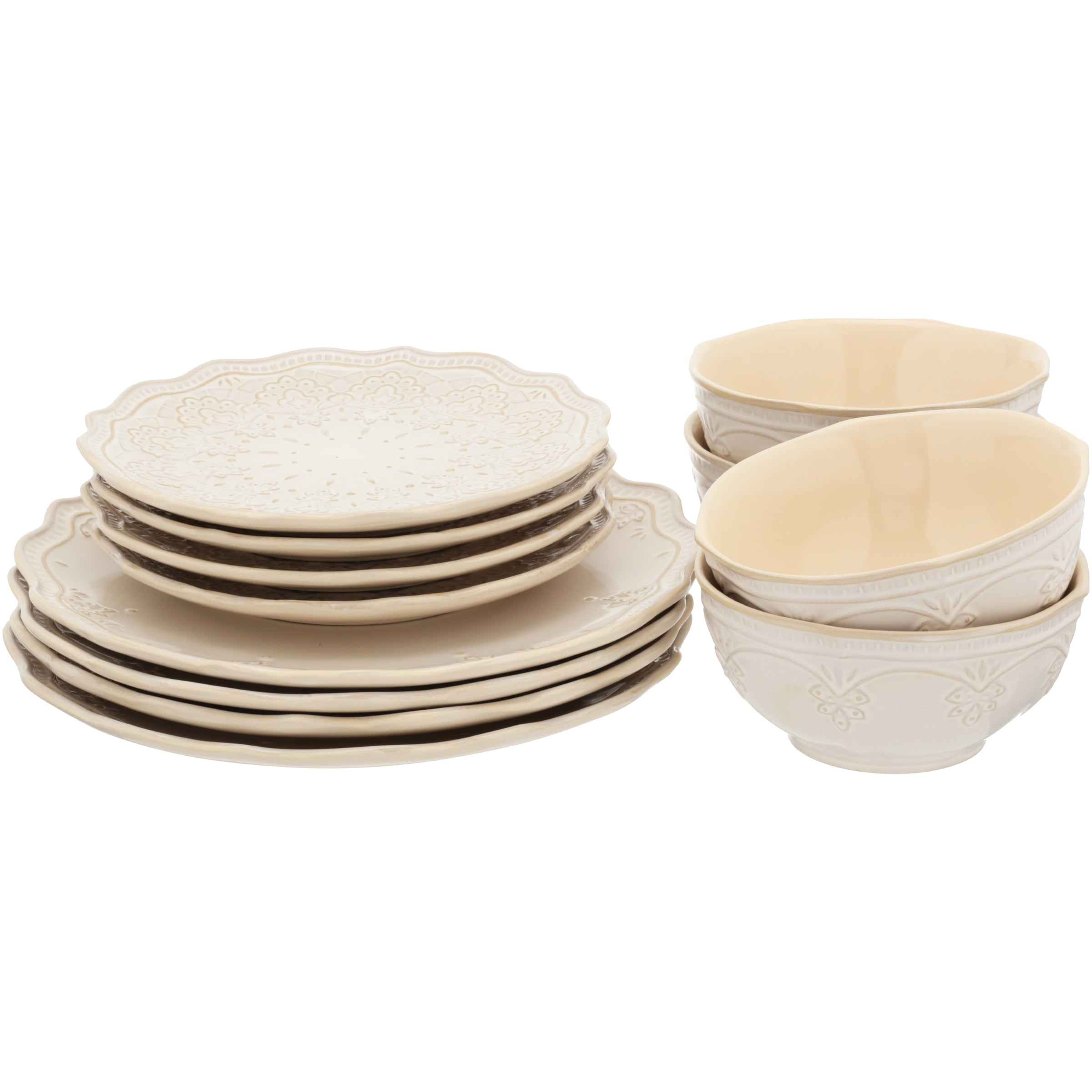 The Pioneer Woman Farmhouse Lace 12-Piece Dinnerware Set. Linen
