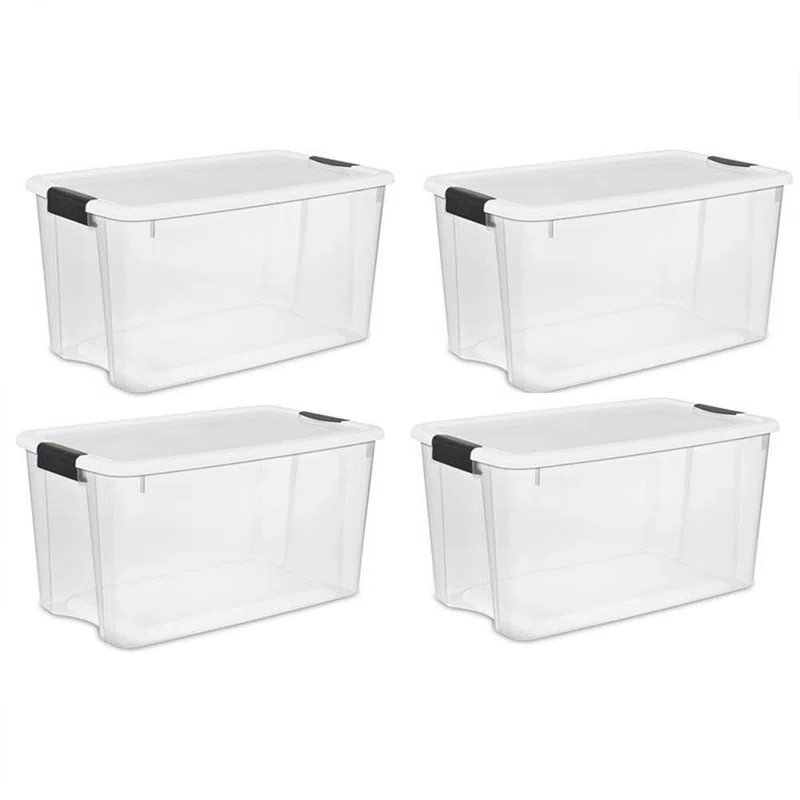 Sterilite 70 Qt Clear Plastic Stackable Storage Bin w/White Latching Lid Organizing Solution. 4 Pack