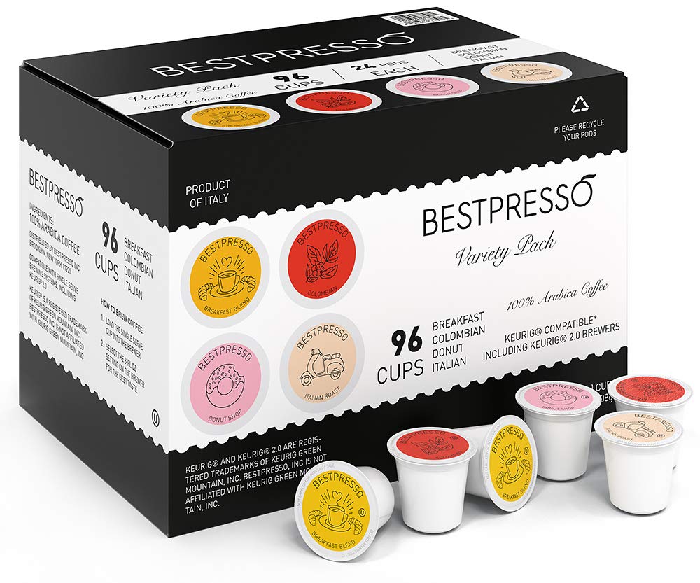 Bestpresso Coffee. Variety Pack Single Serve K-Cup Pods. 96 Count. Includes Breakfast. Colombain. Donut and Italian (Compatible With 2.0 Keurig Brewers) 8 Packs Of 12 Cups