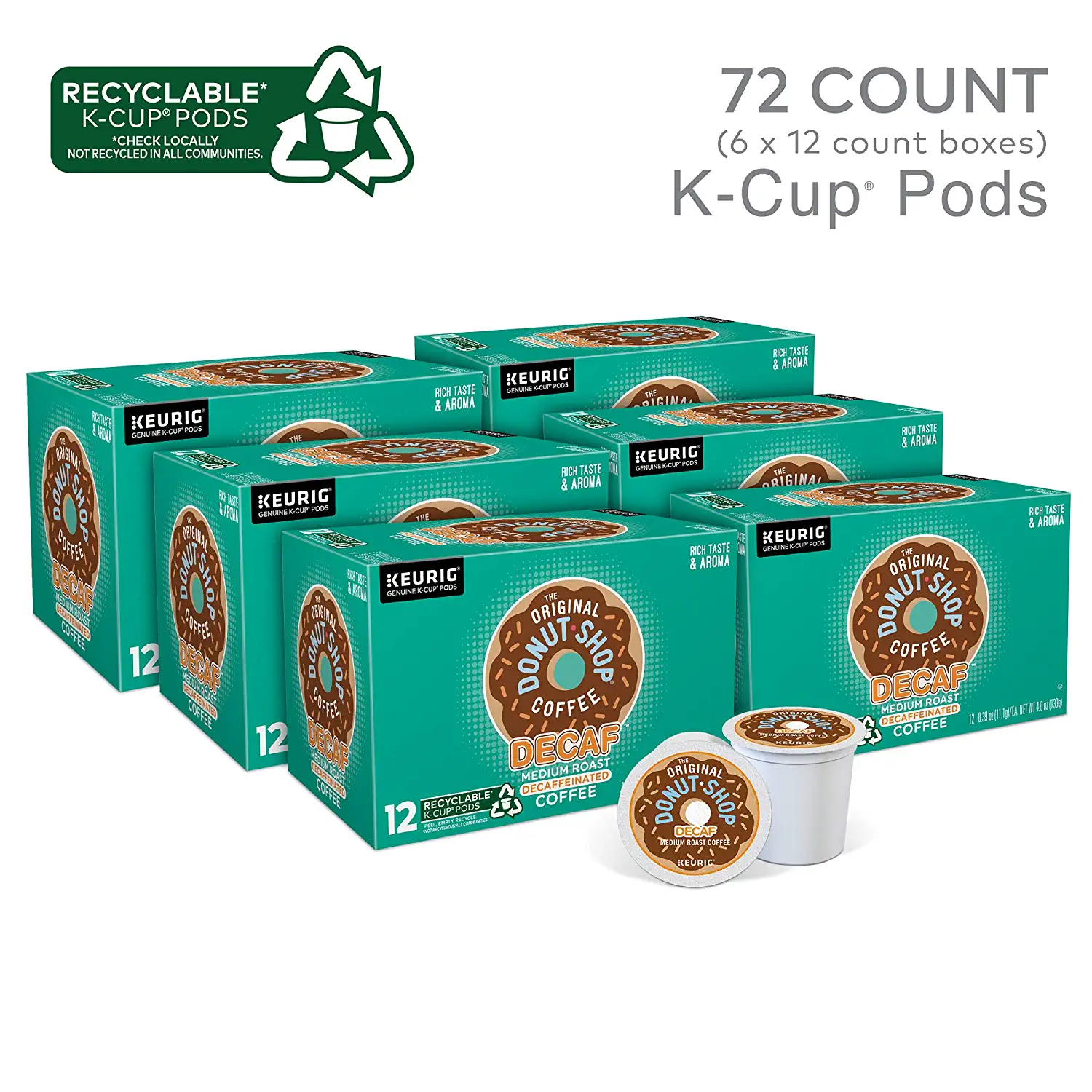 The Original Donut Shop Decaf Keurig Single-Serve K-Cup Pods Medium Roast Coffee. 12 Count (Pack of 6)
