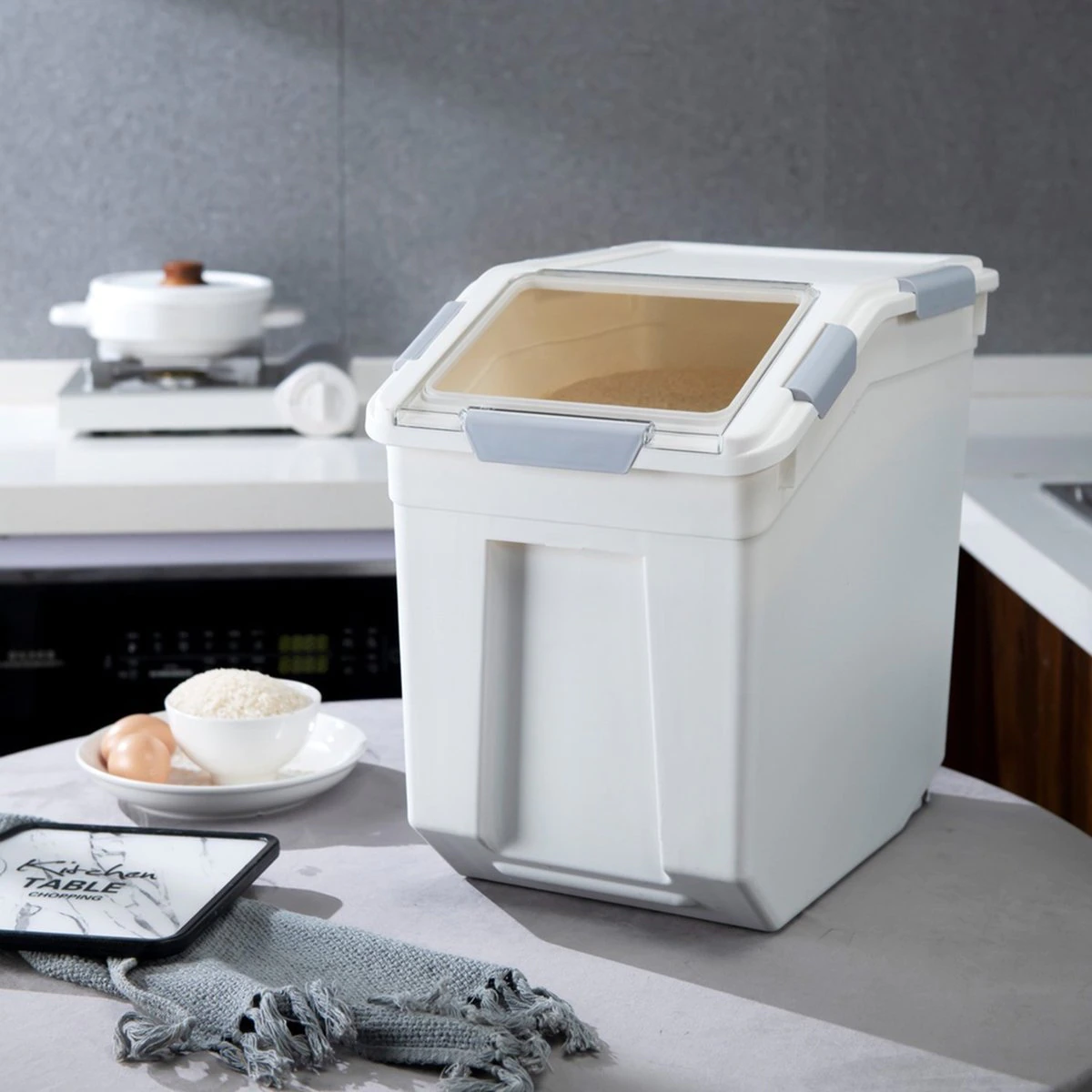 HANAMYA Pet Food Storage Container with Measuring Cup 27lbs. White & Gray