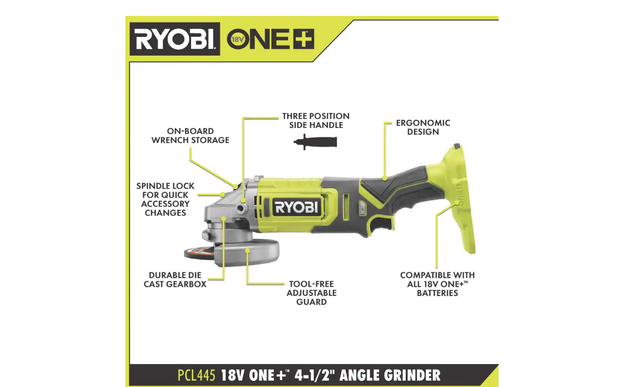 RYOBI PCL445B ONE+ 18V Cordless 4-1/2 in. Angle Grinder (Tool Only)