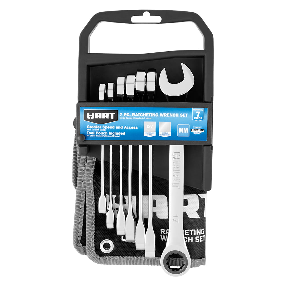 HART 7-Piece MM Ratcheting Wrench Set with Tool Pouch. Chrome Vanadium