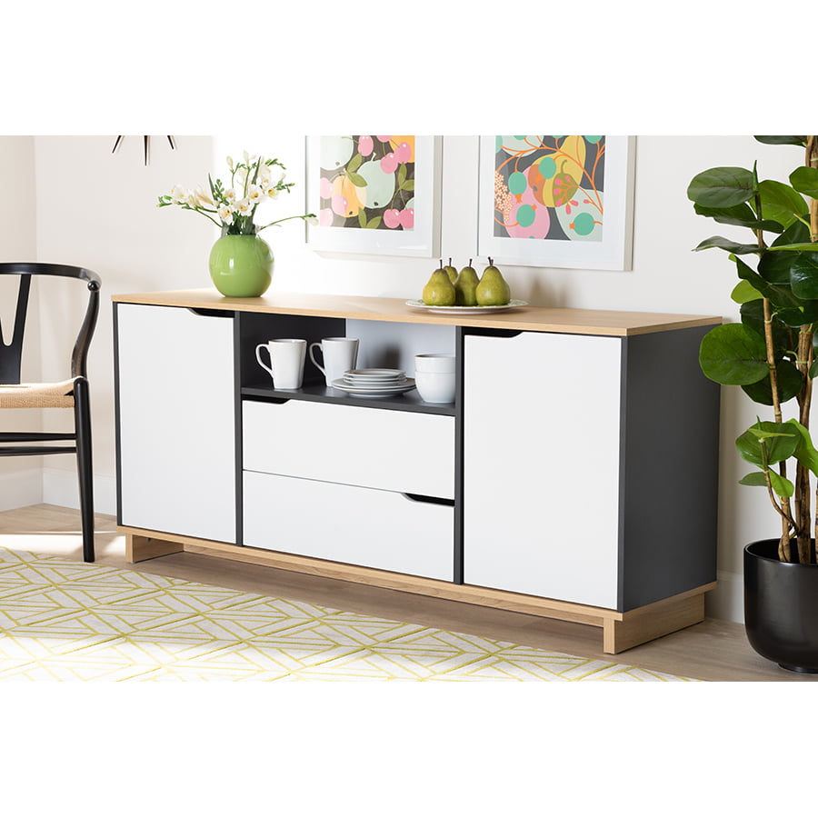 Baxton Studio Reed Mid-Century Modern Multicolor 2-Door Wood Dining Room Sideboard (White. Oak. Grey)