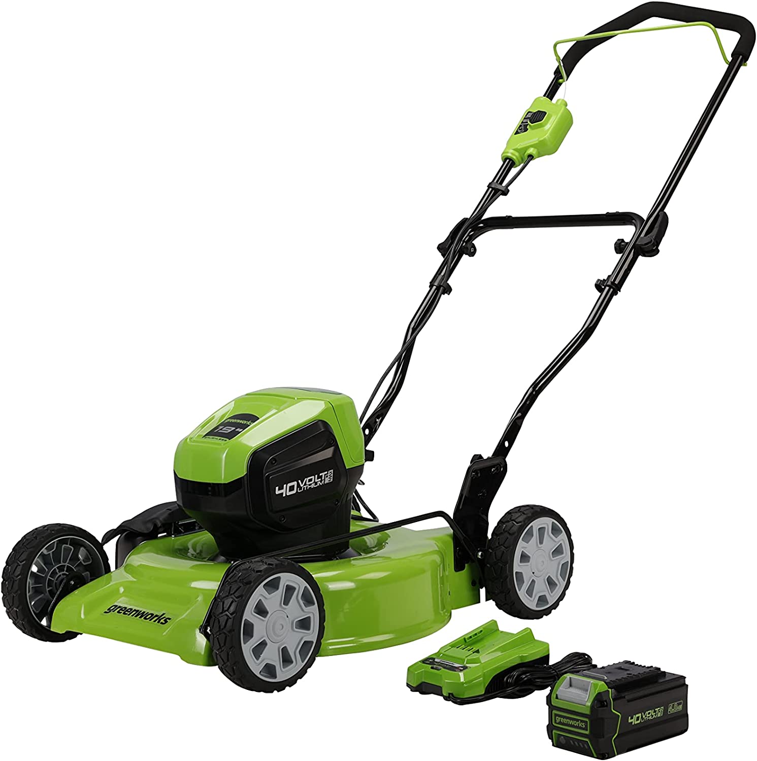 Greenworks 40V 19″ Brushless (2-In-1) Lawn Mower. 4Ah USB (Power Bank) Battery and Charger Included MO40L414
