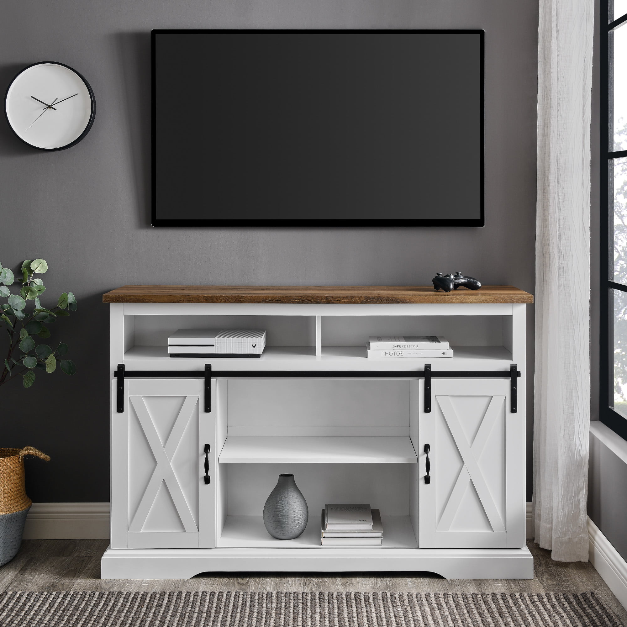 Woven Paths Farmhouse Barn Door TV Stand for TVs up to 58″. White