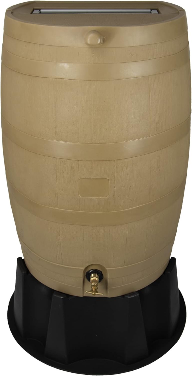 RTS Home Accents 551000901A5481 Polyethylene 50 Gallon Flat Back Rain Barrel with Stand. Oak