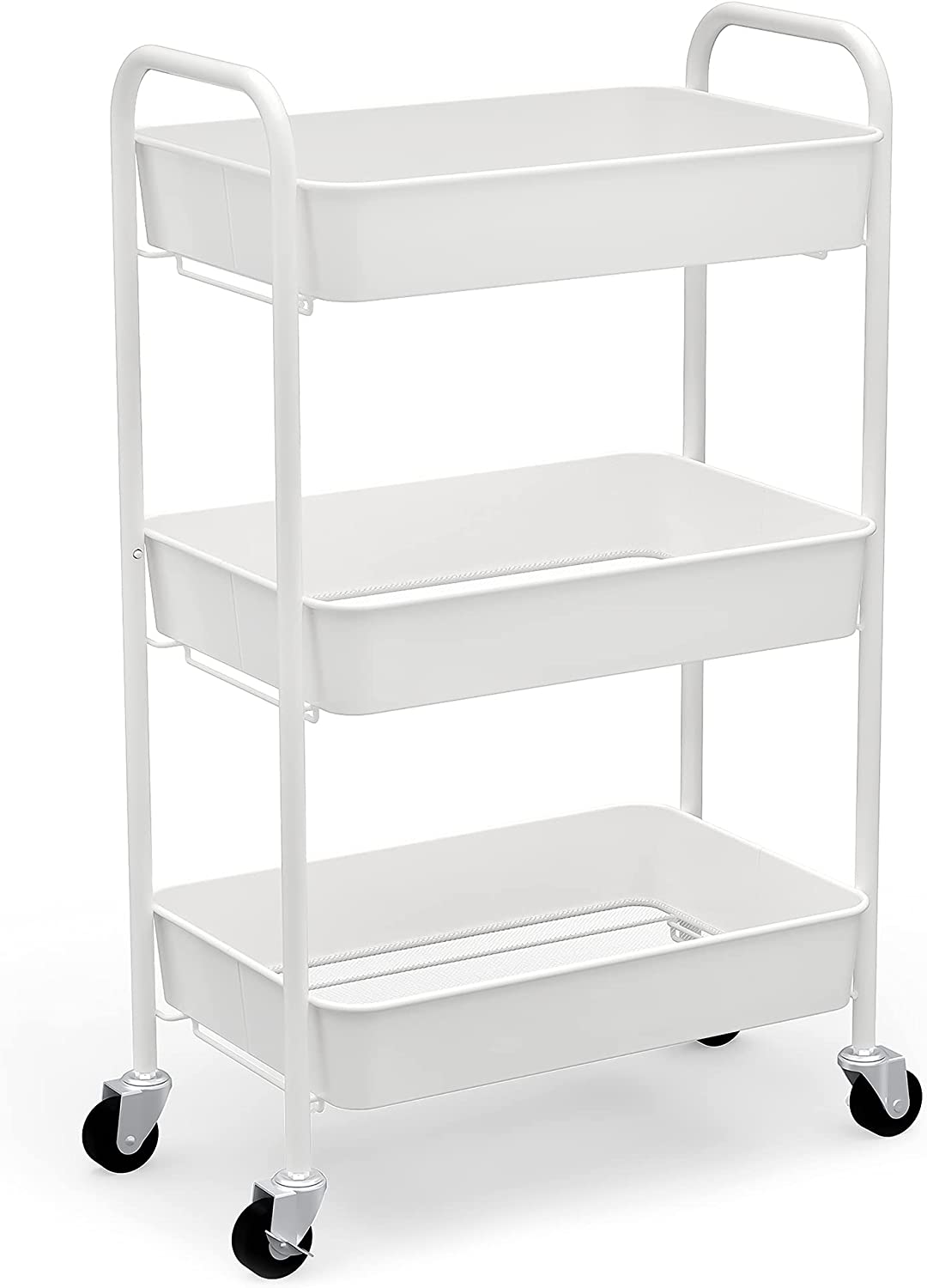 CAXXA 3-Tier Rolling Metal Storage Organizer - Mobile Utility Cart Kitchen Cart with Caster Wheels. White