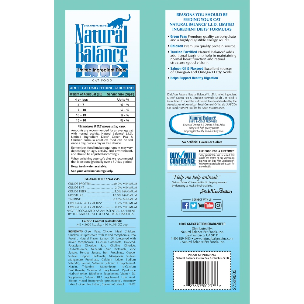 Natural Balance L.I.D. Limited Ingredient Diets Green Pea & Chicken Formula Grain-Free Dry Cat Food 10 lb