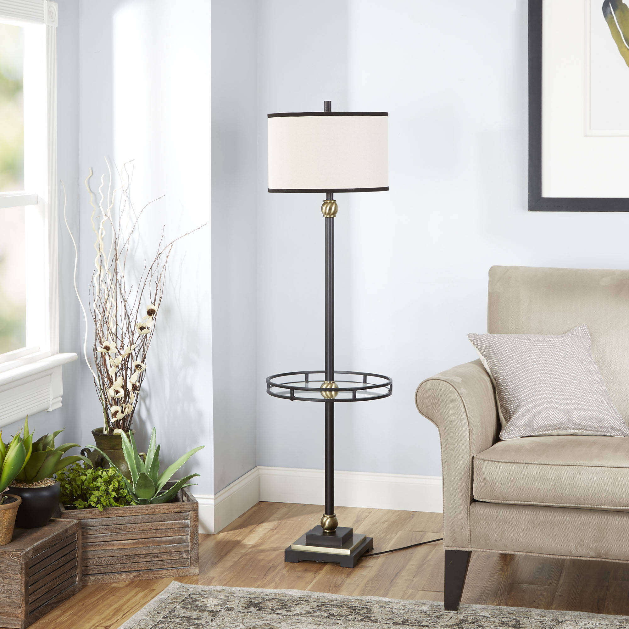 Silverwood Black and Gold Floor Lamp with Shade and Glass Tray. LED Bulb Included