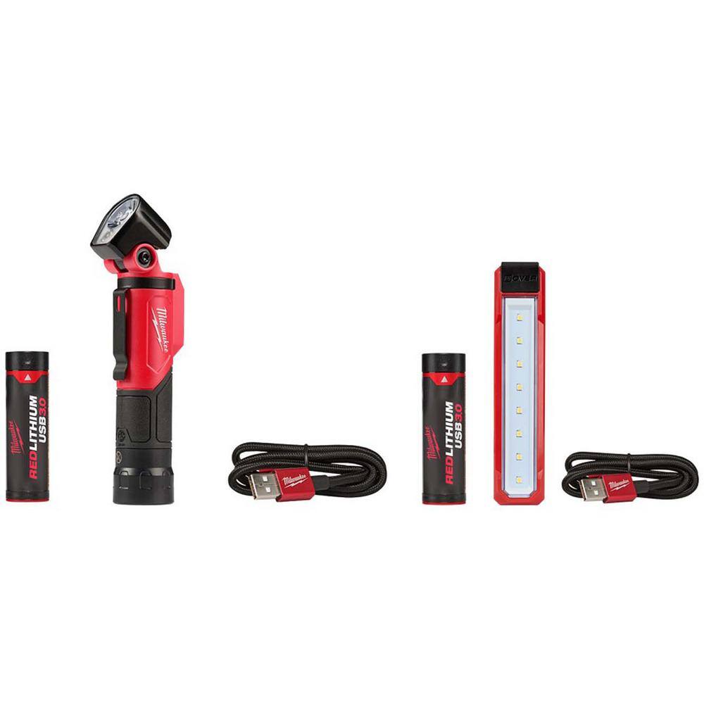 Milwaukee 2113-21-2112-21 500 Lumens LED Pivoting REDLITHIUM USB Flashlight & 445 Lumens LED Rover Rechargeable Pocket Flood Light (2-Pack)