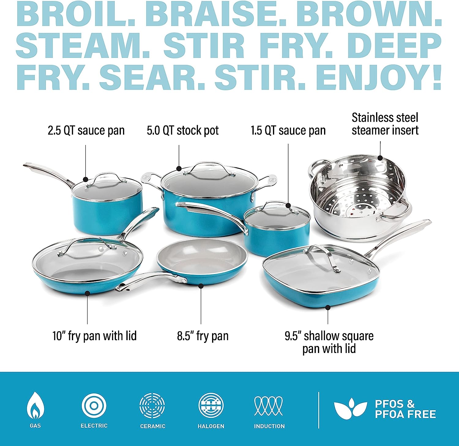 Gotham Steel Aqua Blue Pots and Pans Set. 12 Piece Nonstick Ceramic Cookware Set. Includes Frying Pans. Stockpots & Saucepans. Stay Cool Handles. Oven & Dishwasher Safe. 100% PFOA Free. Turquoise