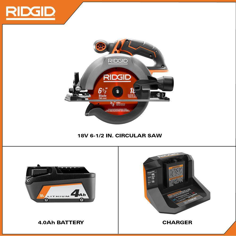 RIDGID R8655KN 18V Cordless 6-1/2 in. Circular Saw Kit with (1) 4.0 Ah Battery and Charger