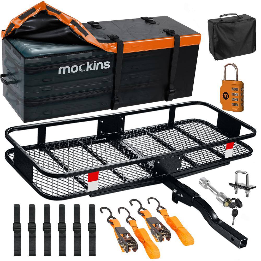 Mockins MA-30 500 lbs. Capacity Hitch Mount Cargo Carrier Set with Cargo Bag. Basket. Ratchet Straps. Foldable Shank and 2 in. Raise