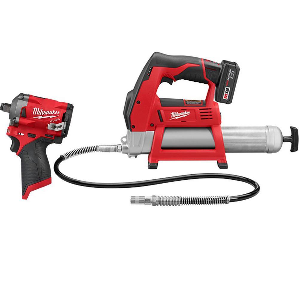 Milwaukee 2446-21XC-2555-20 M12 12V Li-Ion Cordless Grease Gun Kit with Stubby 1/2 in. Impact Wrench. One 3.0 Ah Battery. Charger and Tool Bag