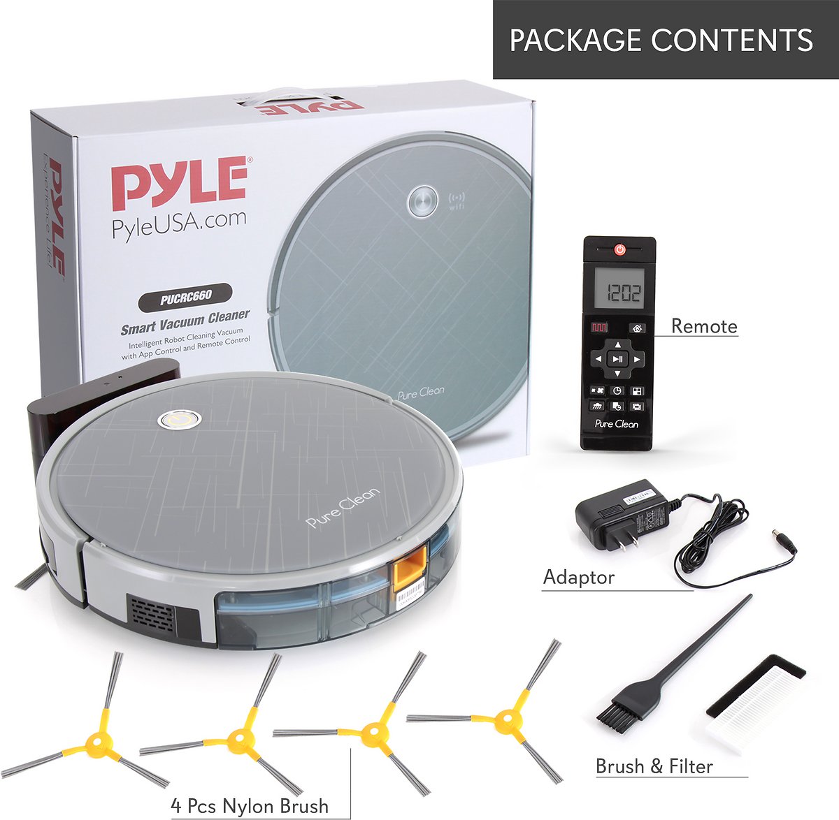 Pure Clean Smart Robot Cleaning Vacuum with Remote Control - Auto Charge Dock. 3 Step Air Filter - Cleans Hardwood and Carpet Floor