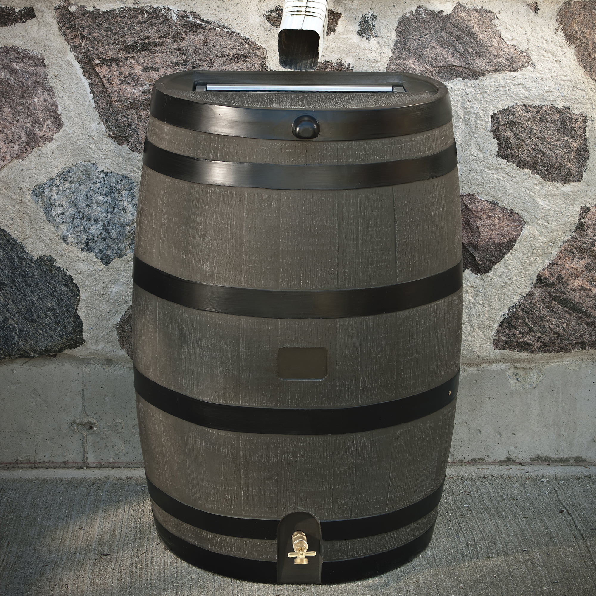 RTS Home Accents Polyethylene 50 Gallon Flat Back Brass Spigot Rain Barrel. Woodgrain with Black Stripes Color