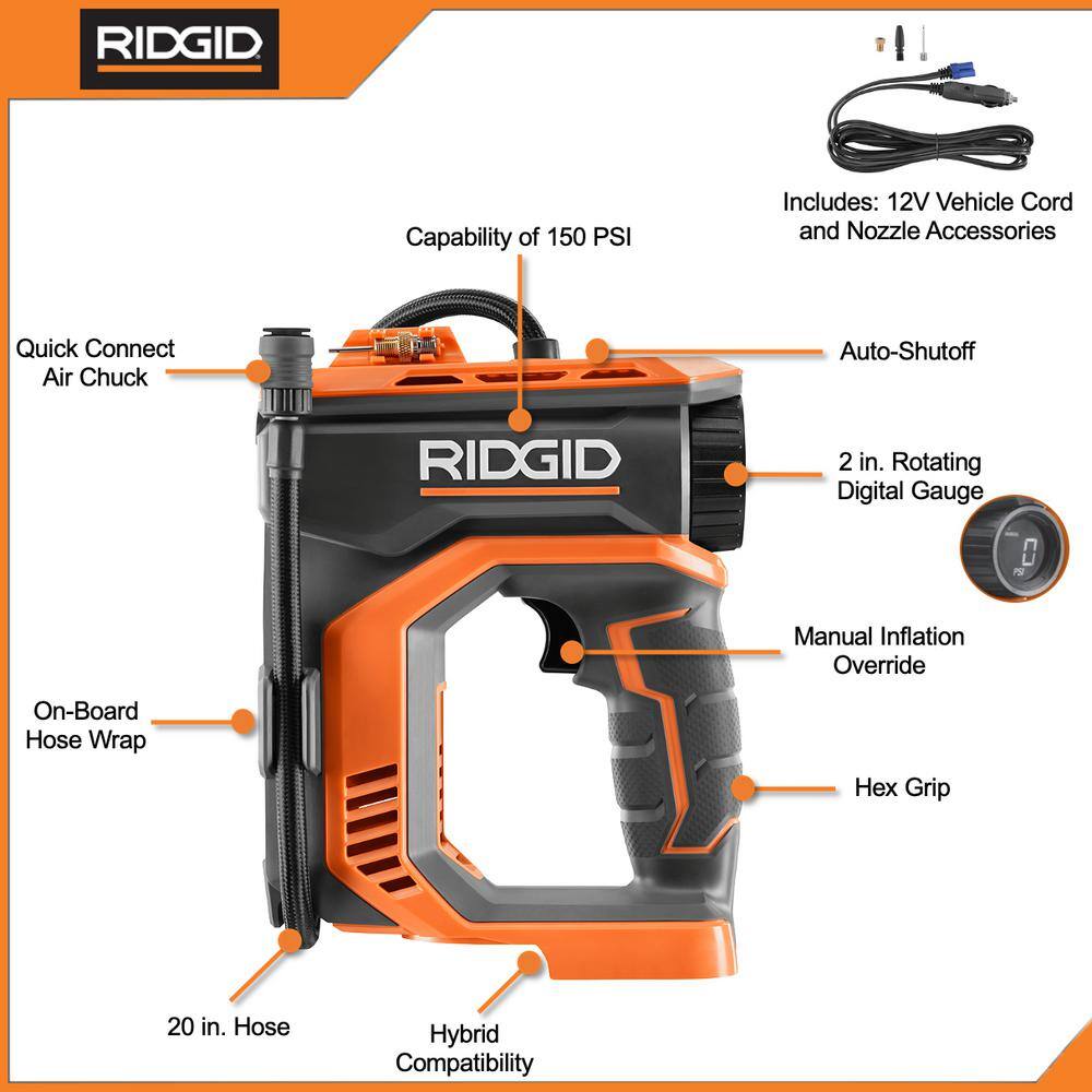 RIDGID R87044KN-AC86072B 18V Cordless High Pressure Inflator Kit with 2.0 Ah Battery. Charger. and USB Portable Power Source with Activate Button