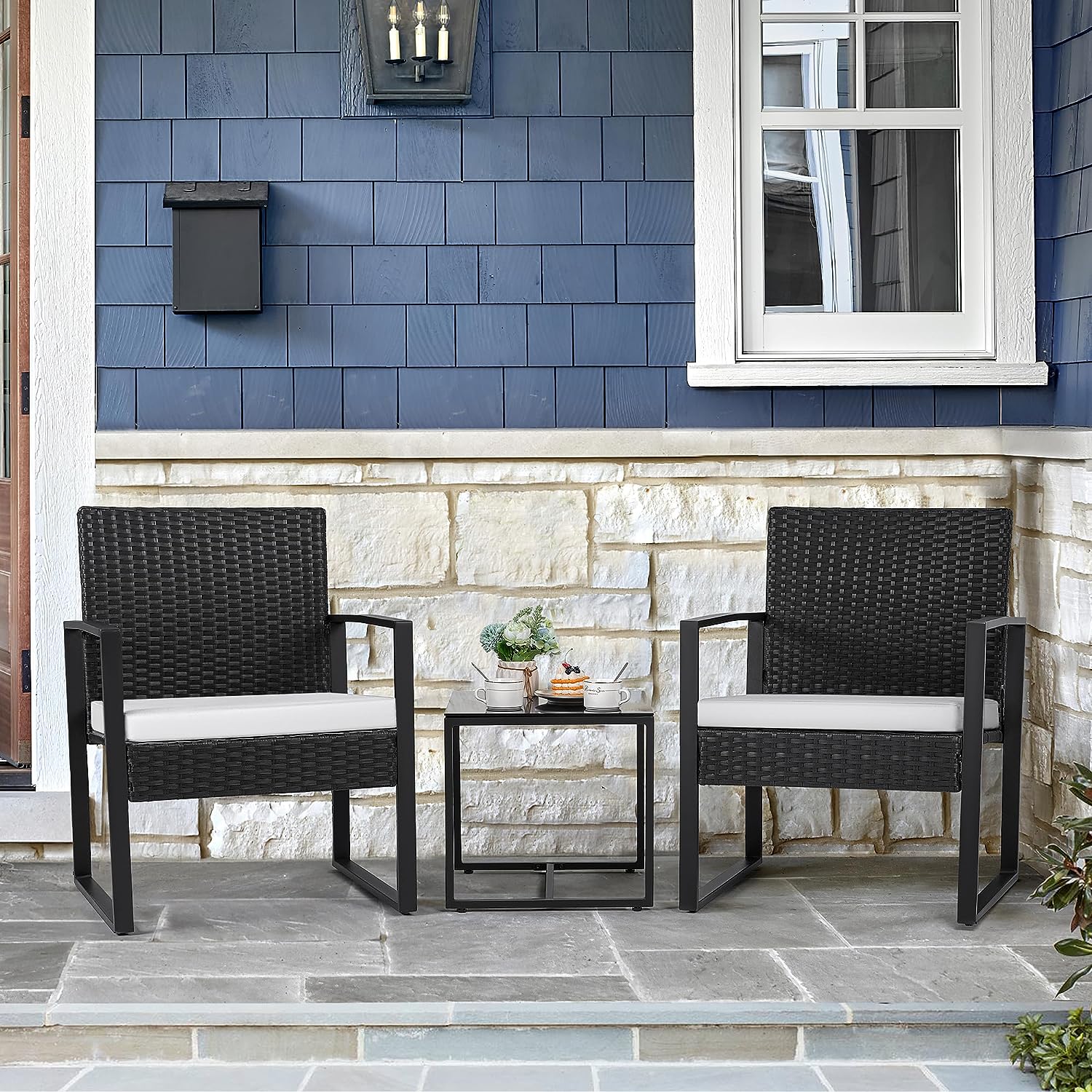 Flamaker 3 Pieces Patio Furniture Outdoor Wicker Modern Rattan Chair Conversation Sets with Coffee Table for Yard. Bistro(White)