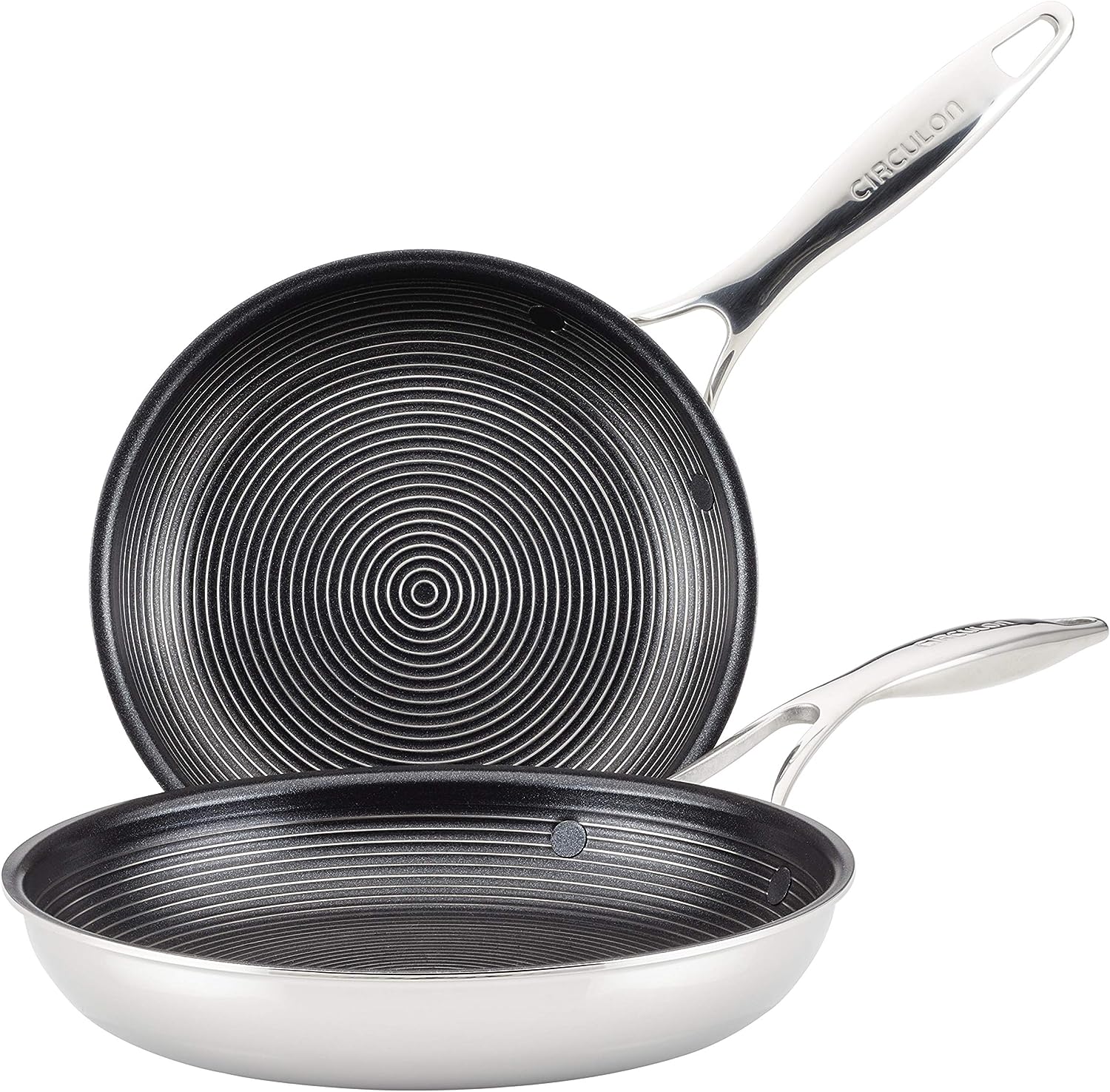 Circulon Clad Stainless Steel Frying Pans/Skillet Set with Hybrid SteelShield and Nonstick Technology. 10 Inch and 8.5 Inch. Silver