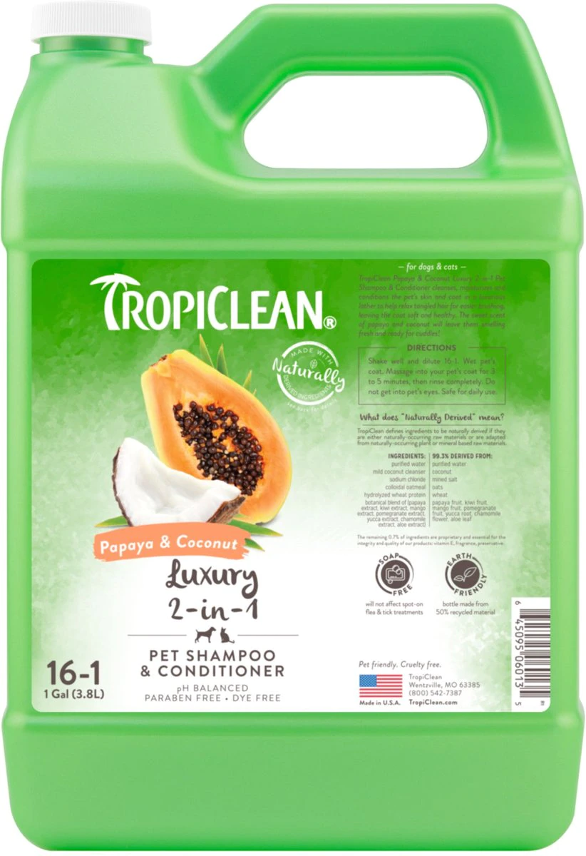 TropiClean Luxury 2 in 1 Papaya & Coconut Pet Shampoo & Conditioner - Grooming Supplies for Smelly Dogs. Puppies. and Cats - Soap & Paraben Free (1 Gallon)
