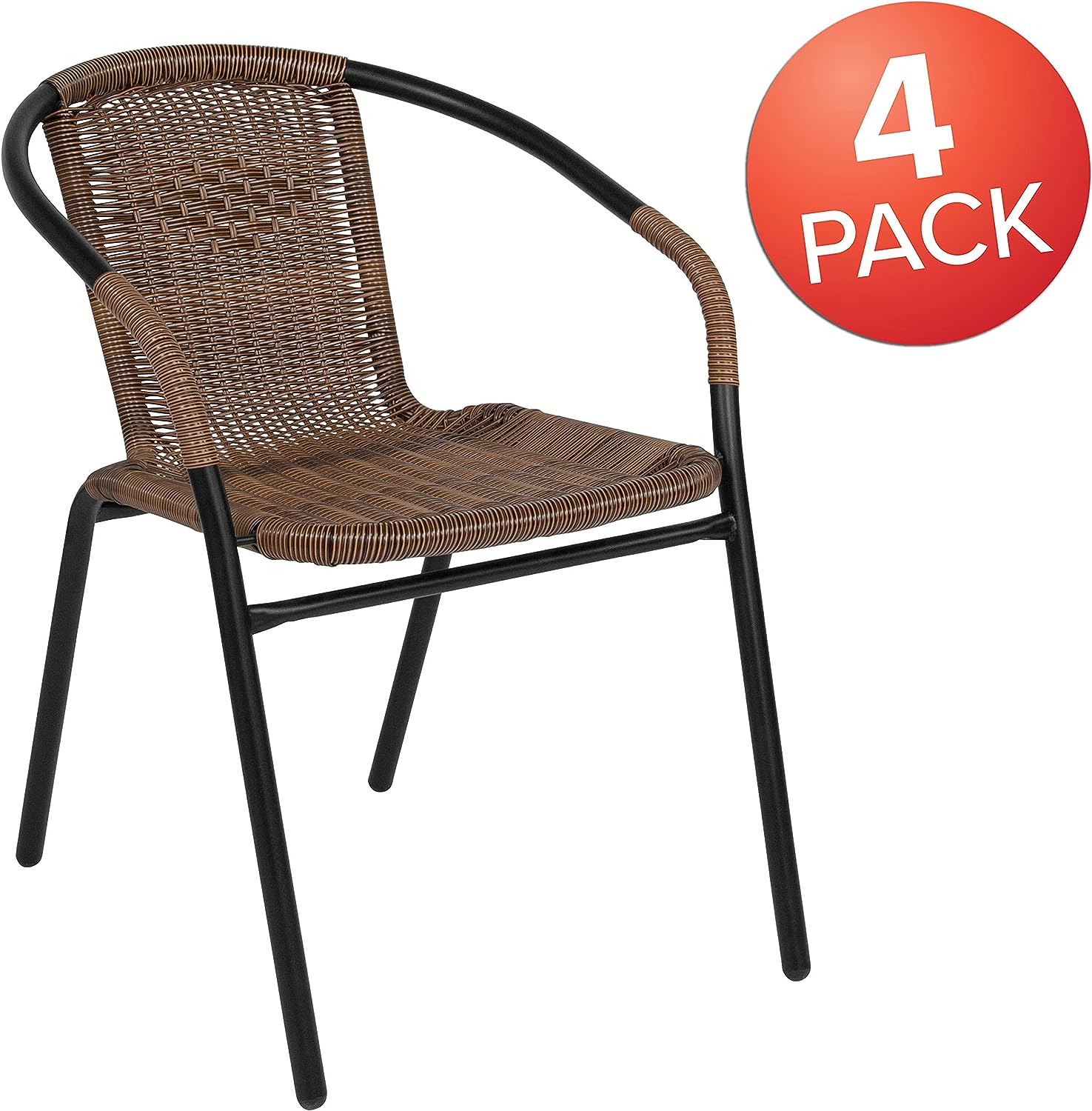 EMMA + OLIVER Patio Wicker Rattan Chair. Set of 4 Round Back Patio Dining Chairs. Stylish Look and Commercial Grade Construction Outdoor Deck Chair with 352 lb Weight Capacity (Medium Brown)