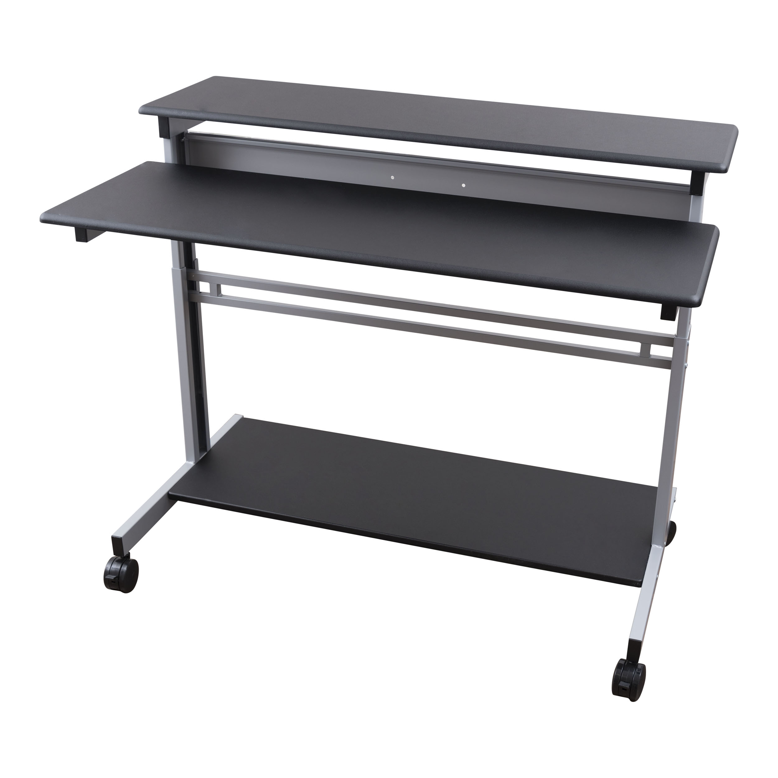 Stand Up Desk Store Rolling Adjustable Height Two Tier Standing Desk Computer Workstation (Silver Frame/Black Top. 48″ Wide)