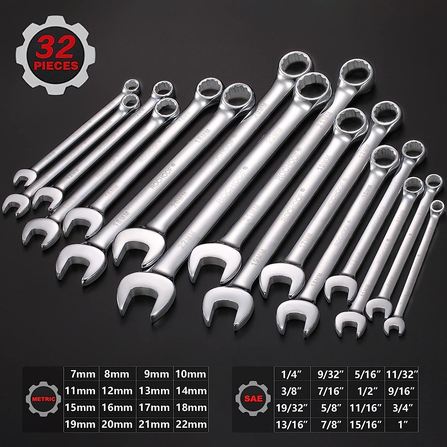 ROCHOOF Combination Wrench Set.32-Piece Chrome Vanadium Steel Wrench Set 12-Point SAE & Metric Wrenches 1/4″-1″ and 7-22mm with Rolling Pouch