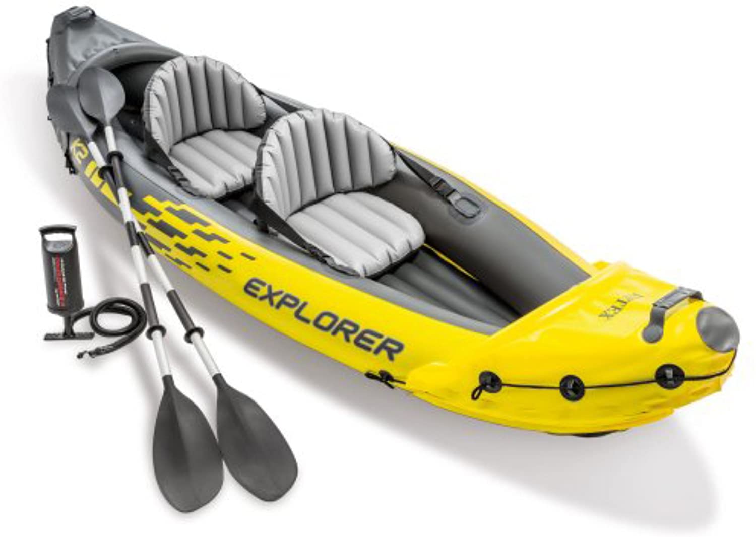 Explorer K2 Kayak. 2-Person Inflatable Kayak Set with Aluminum Oars and High Output Air Pump