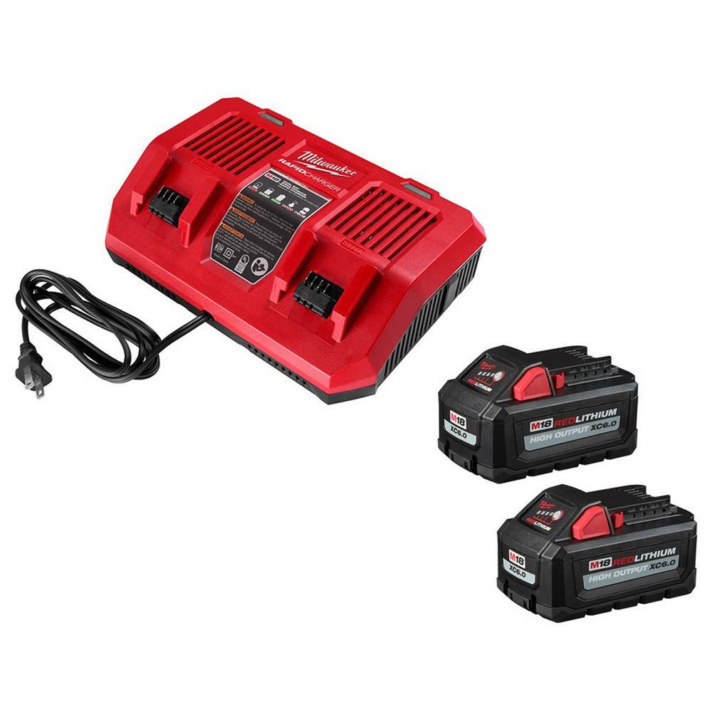 Milwaukee 48-59-1802-48-11-1862 M18 18-Volt Lithium-Ion Dual Bay Rapid Battery Charger with 6.0Ah Battery Pack (2-Pack)