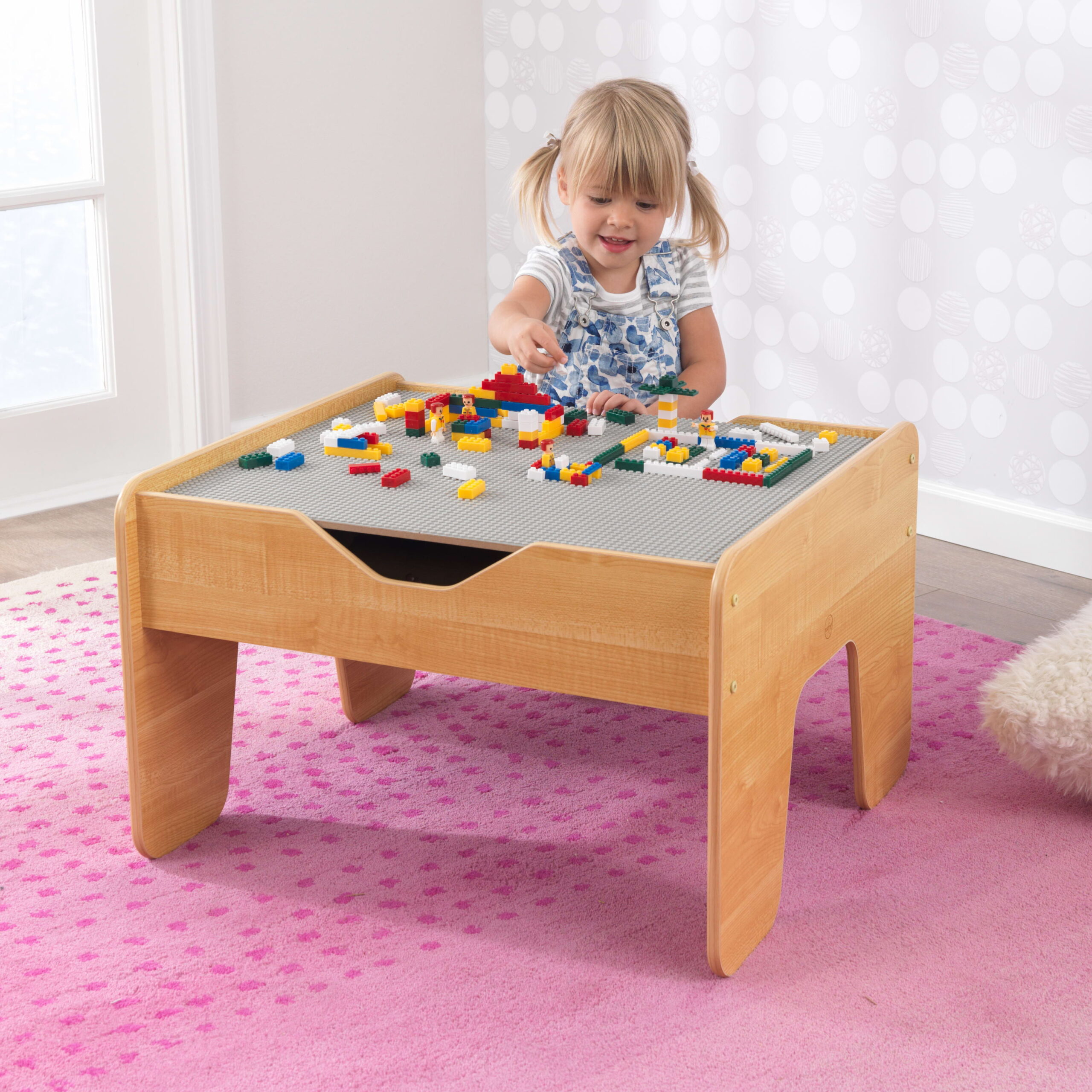 KidKraft Reversible Wooden Activity Table with 195 Building Bricks – Gray & Natural