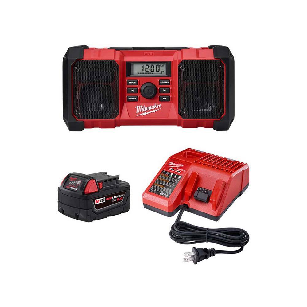 Milwaukee 2890-20-48-59-1850 M18 18-Volt Lithium-Ion Cordless Jobsite Radio with M18 Starter Kit One 5.0 Ah Battery and Charger