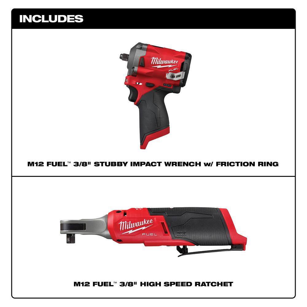 Milwaukee 2554-20-2567-20 M12 FUEL 12V Lithium-Ion Brushless Cordless Stubby 3/8 in. Impact Wrench with 3/8 in. High Speed Ratchet