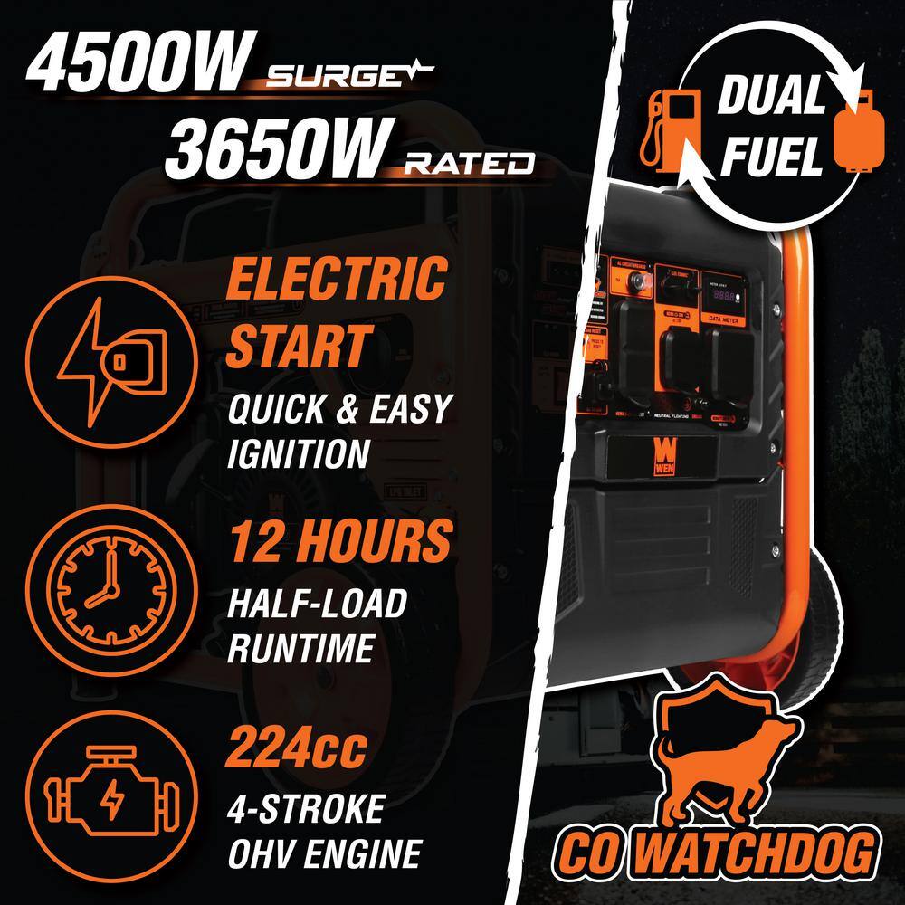 WEN DG4500iX 4500-Watt RV and Transfer-Switch-Ready Dual Fuel Open Frame Inverter Generator with Electric Start and CO Watchdog