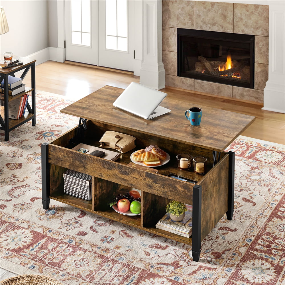 Alden Design 47.5″ Lift Top Coffee Table with 3 Storage Compartments. Rustic Brown