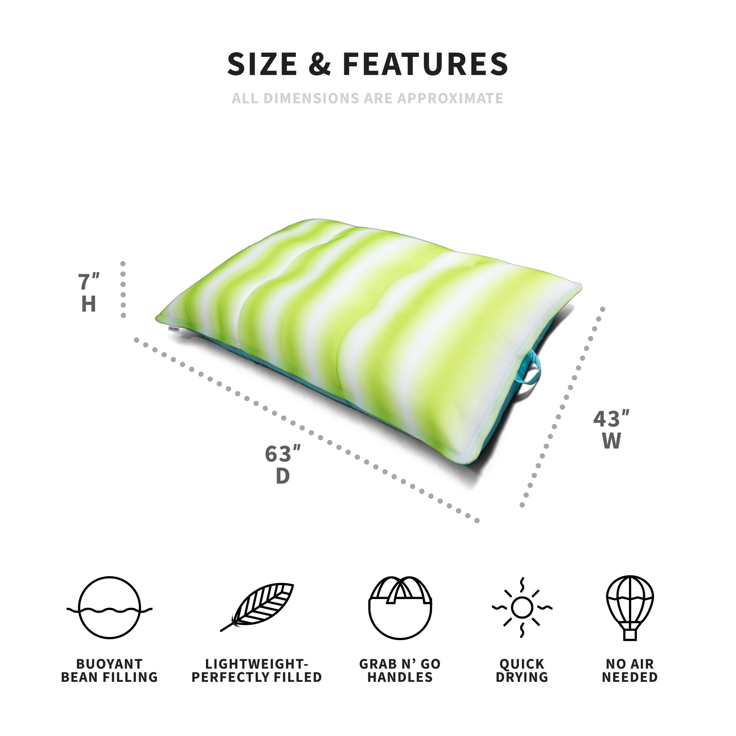 Big Joe Lagoon Lounger No Inflation Needed Pool Float. Rolling Wave Lime Double Sided Mesh. 5ft Giant