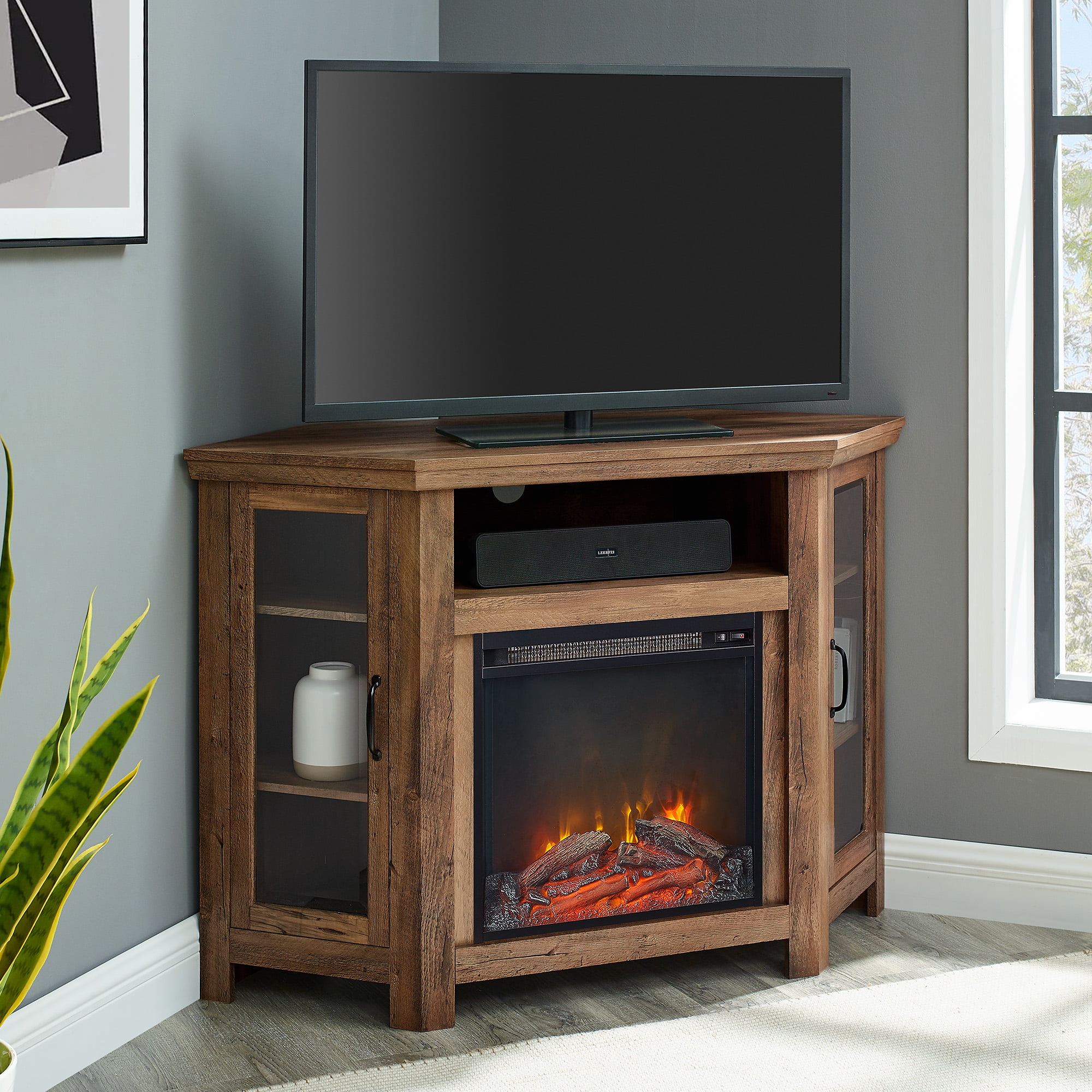 Walker Edison Rustic Oak Corner Fireplace TV Stand for TVs up to 50″