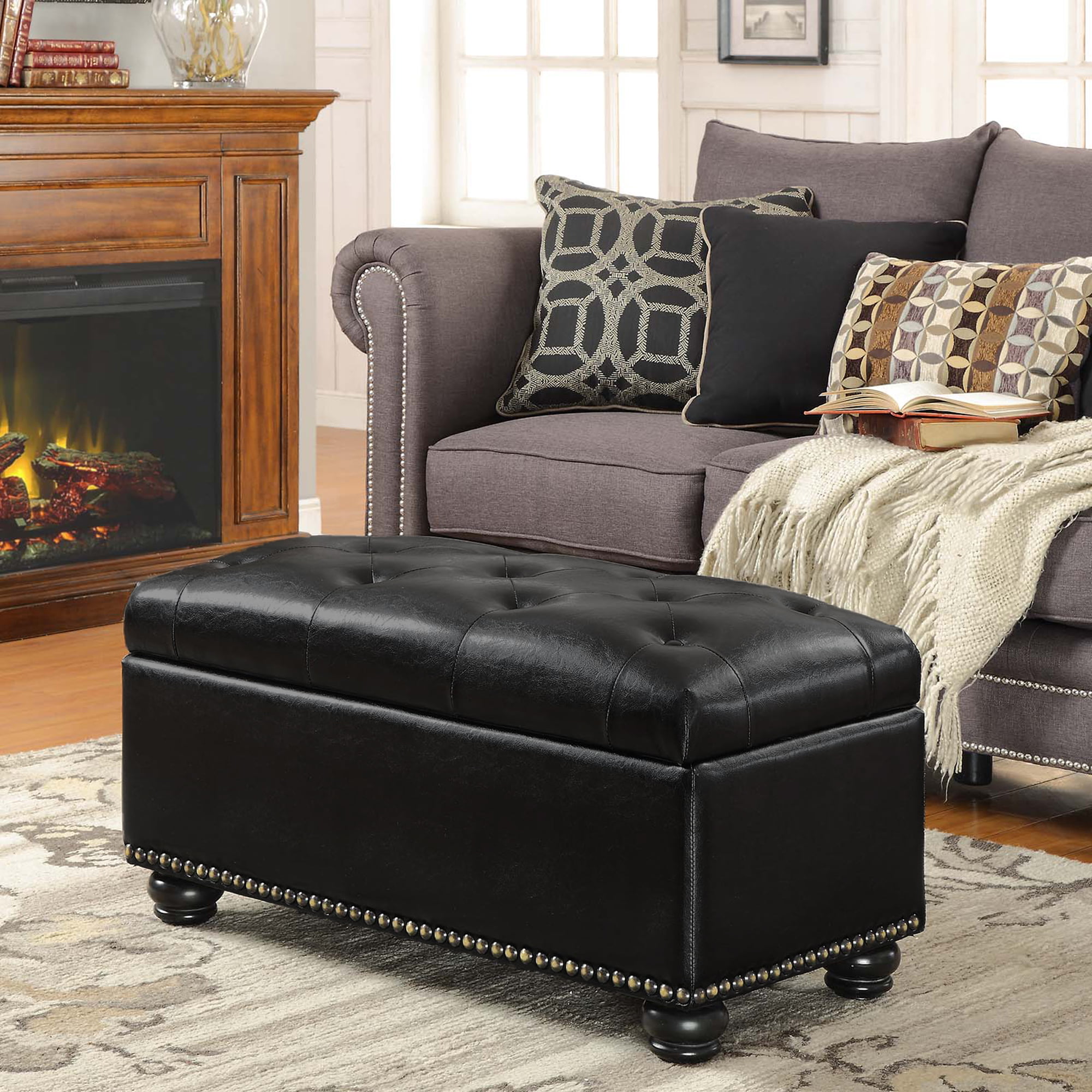 Convenience Concepts Designs4Comfort No Tools 7 Th Avenue Storage Ottoman. Black Faux Leather