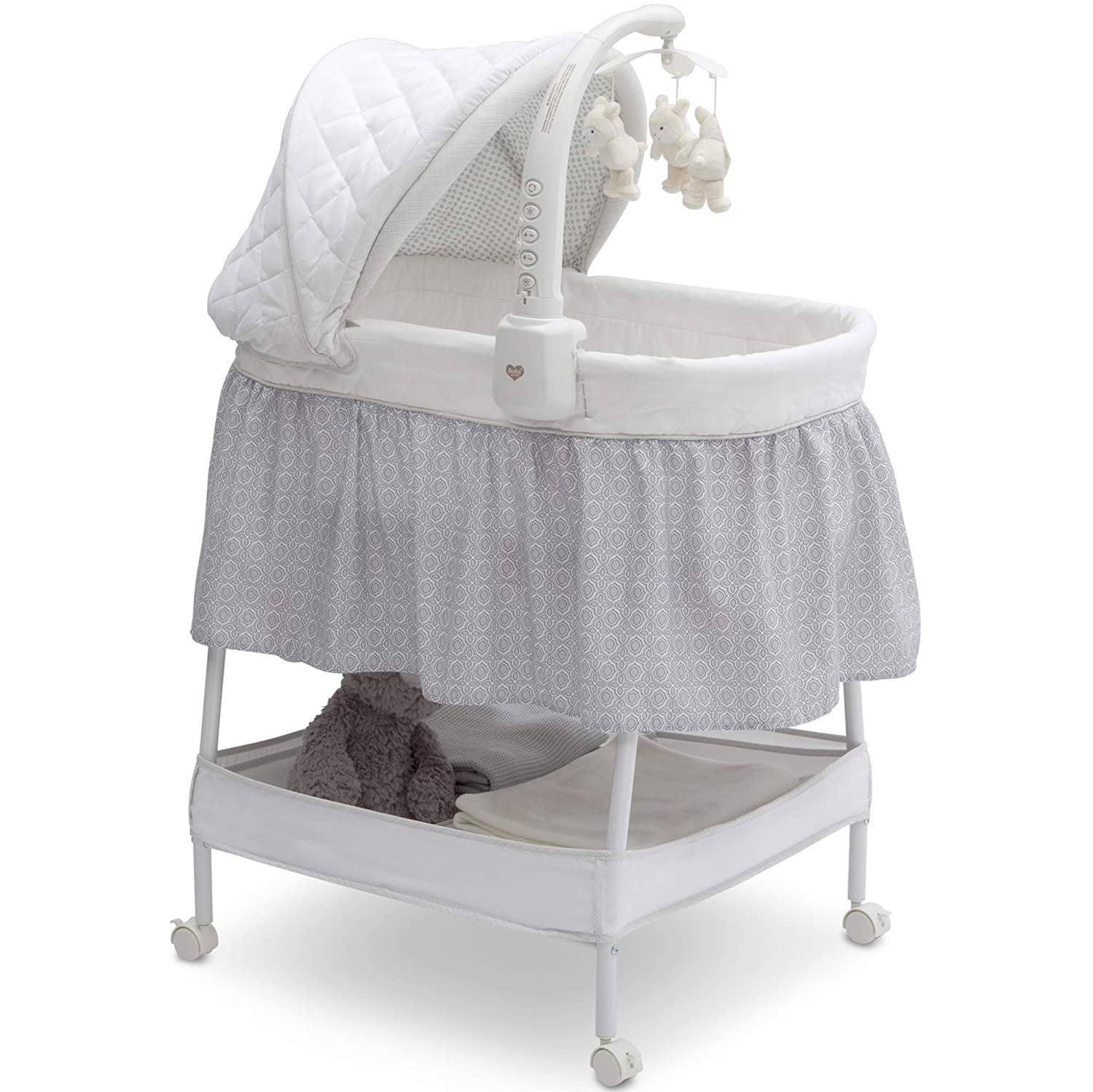Delta Children Smooth Glide Bedside Bassinet - Portable Crib with Activity Mobile Arm Featuring Spinning Toys. Nightlight and Music. Silver Linings