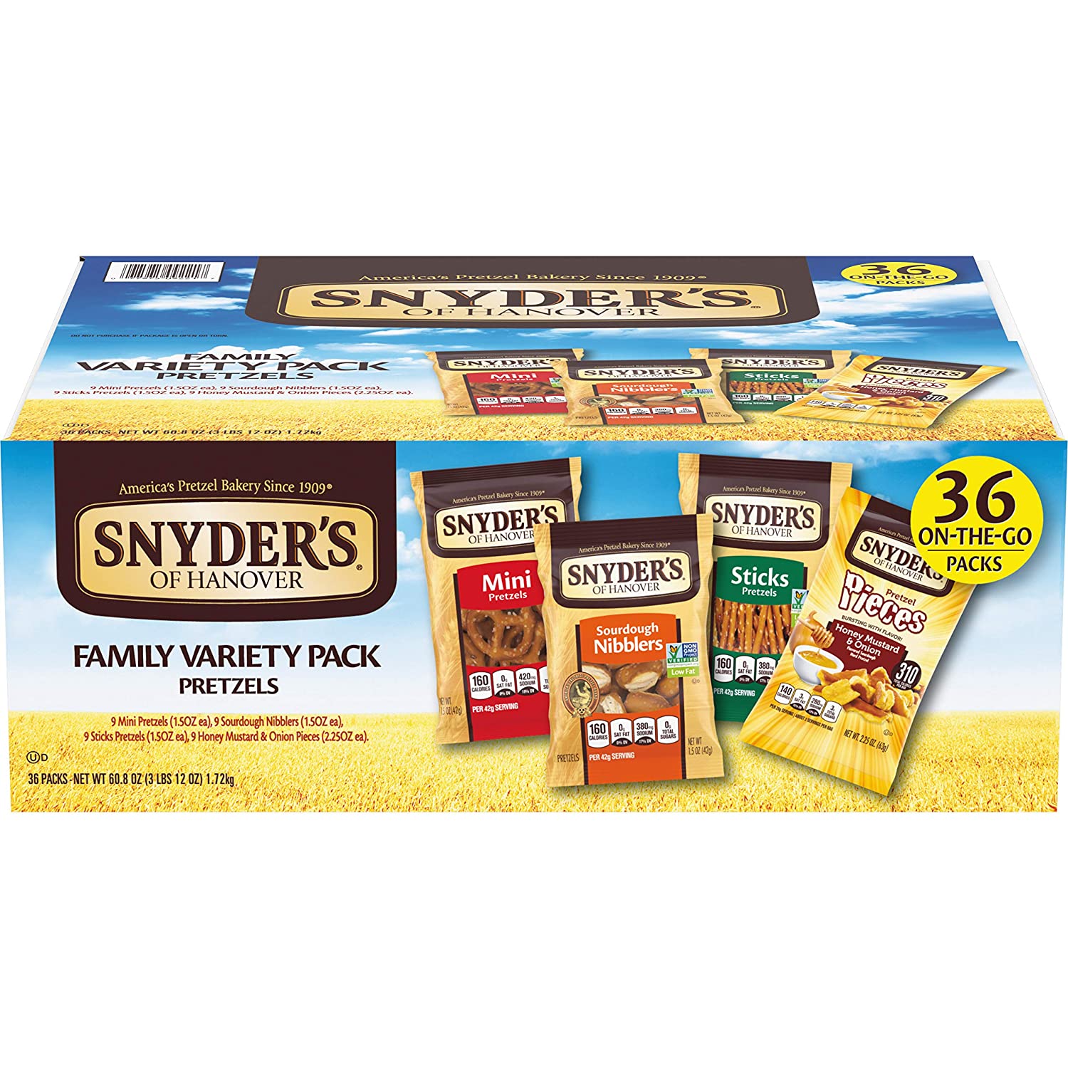 Snyder-s of Hanover Pretzels Variety Pack. 4 Flavors. 36 Individual Snack Bags