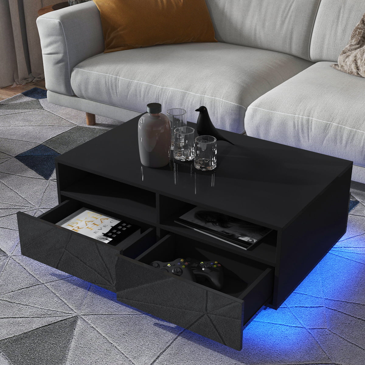 High Gloss Coffee Table LED Coffee Centre Table with Storage for Living Room. Black