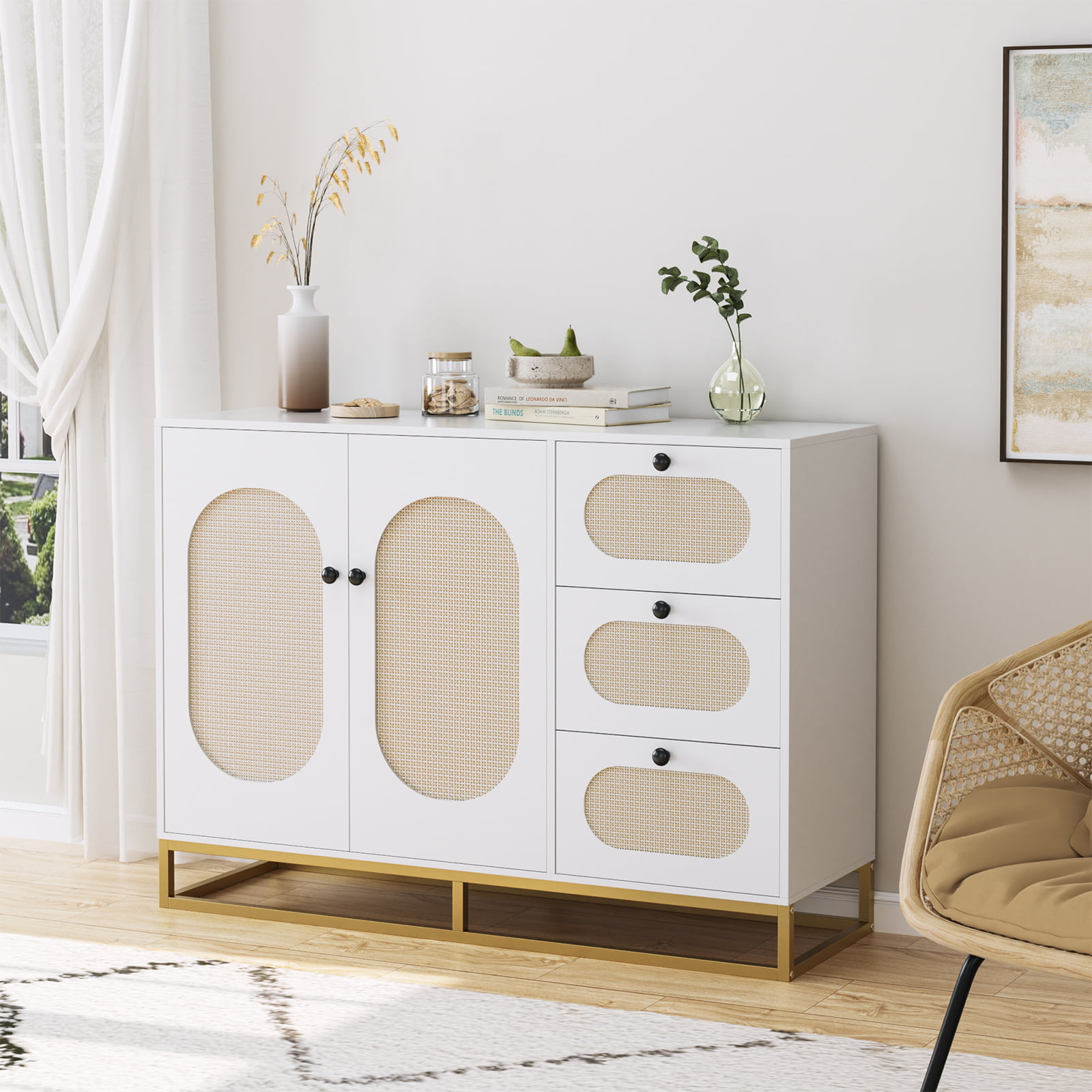 Homfa 3 Drawers Accent Storage Cabinet. 34.2″H Gold Buffet Sideboard with Rattan Doors for Living Room. White