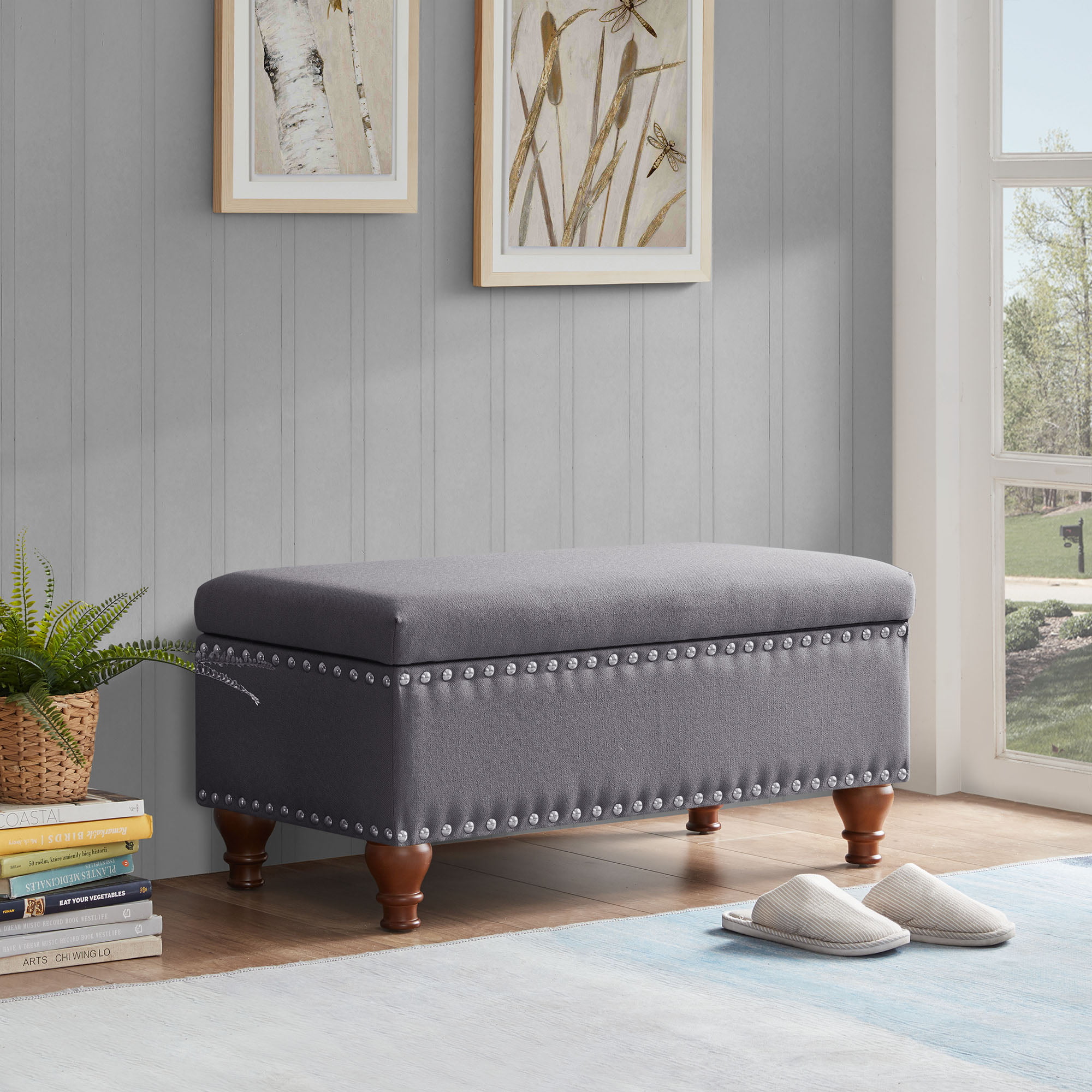 BELLEZE 35 Inch Button Tufted Top Ottoman Bench - Quincy (Gray)