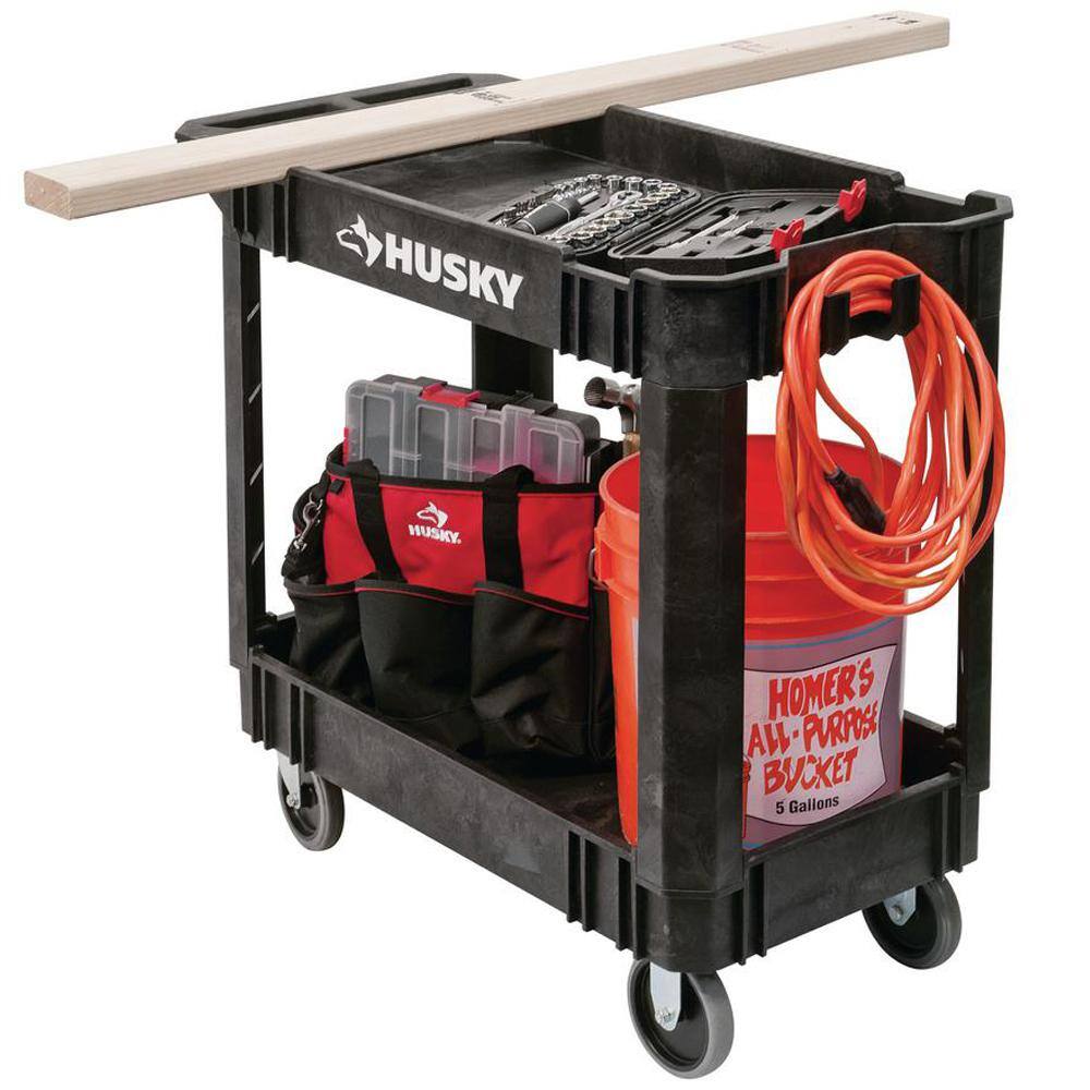 Husky 410-113-0111 2-Tier Plastic 4-Wheeled Service Cart in Black with 500 lb. Capacity