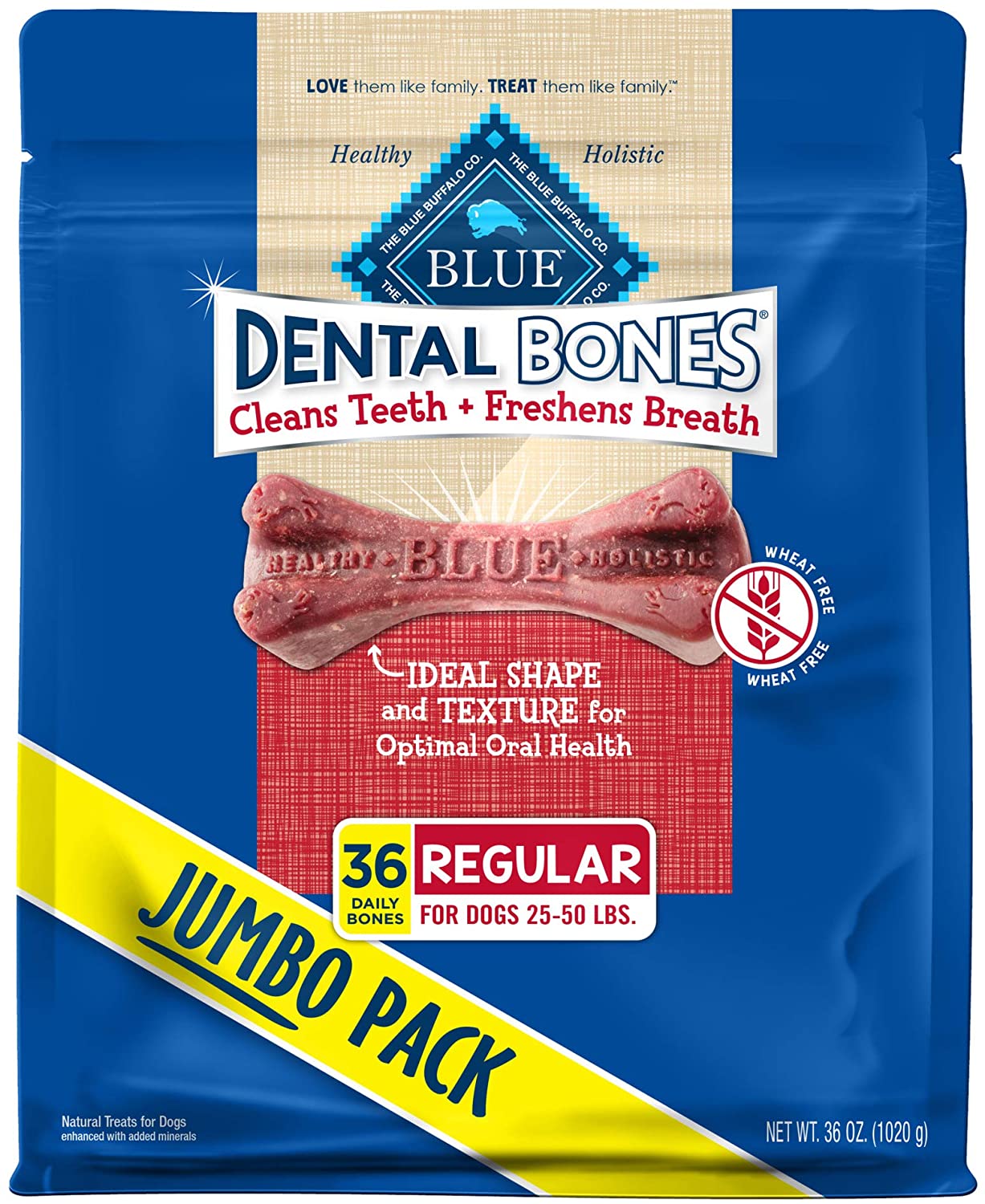 Blue Buffalo Dental Bones Natural Adult Dental Chew Dog Food Treats. Regular Bones